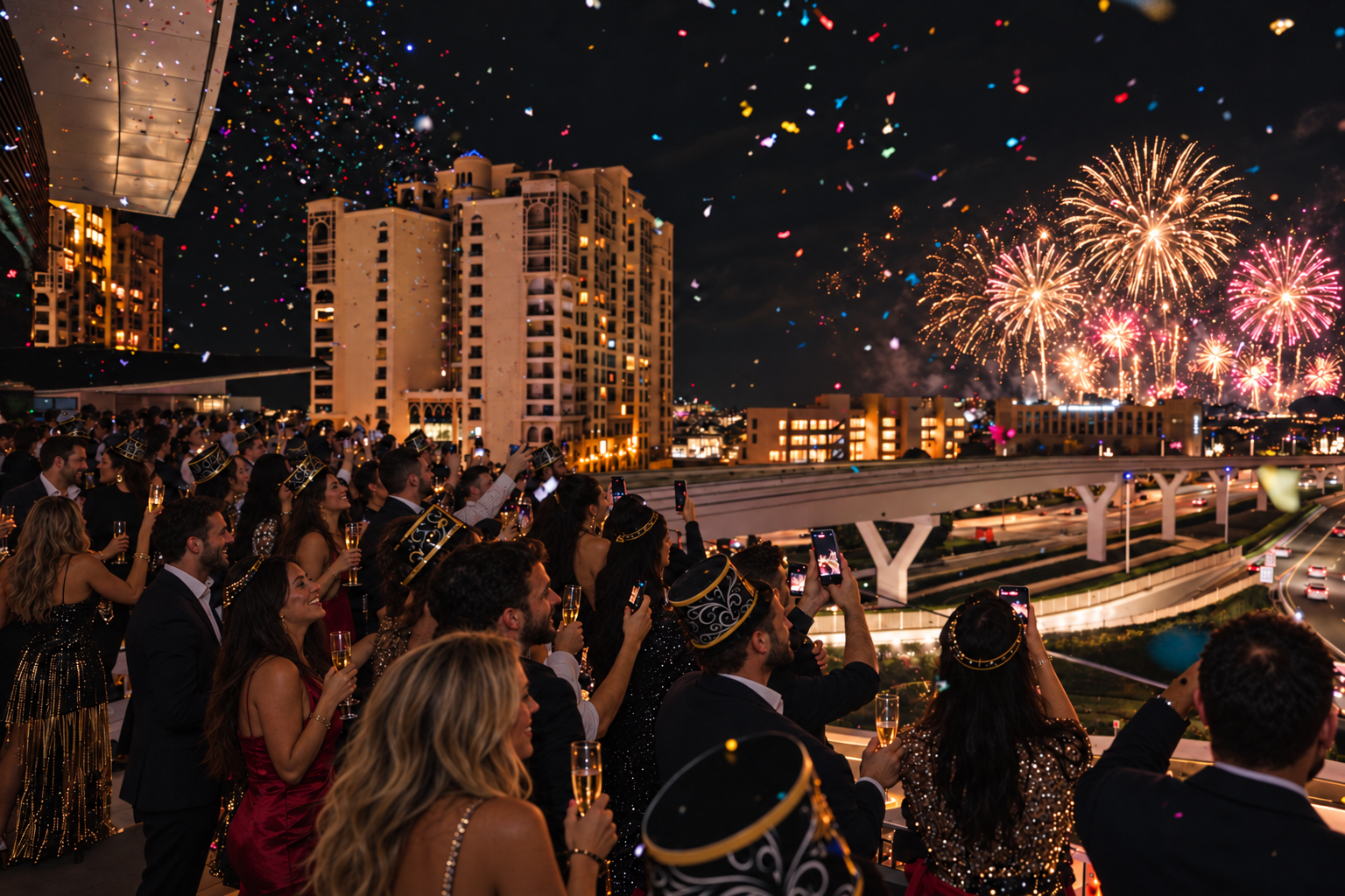 Candid Crowd Beneath City Fireworks 1